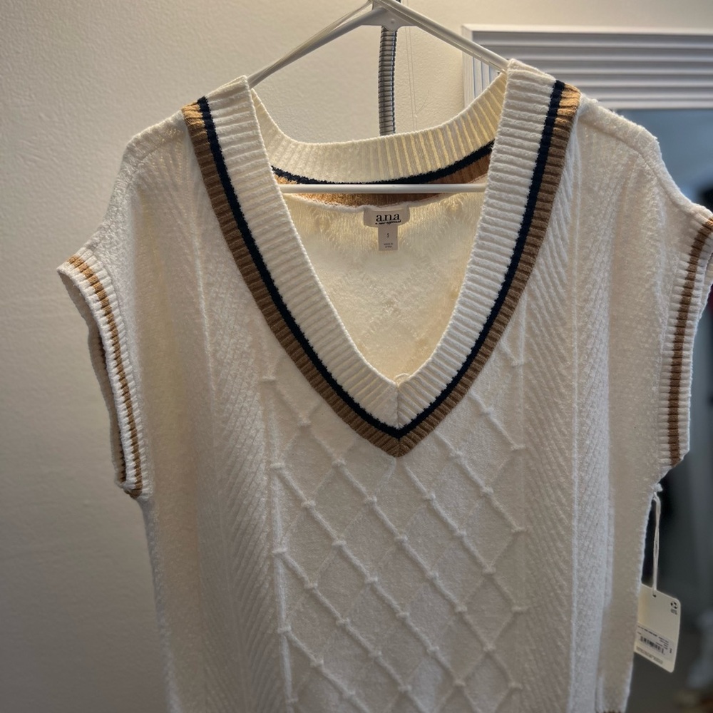 a.n.a. Cream V-Neck Sweater vest with Navy and Tan Accents